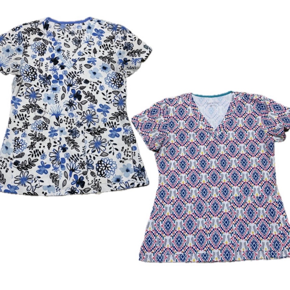 Med Couture Women's V-Neck Scrub Top Bundle - Floral Blue and Diamond Pink